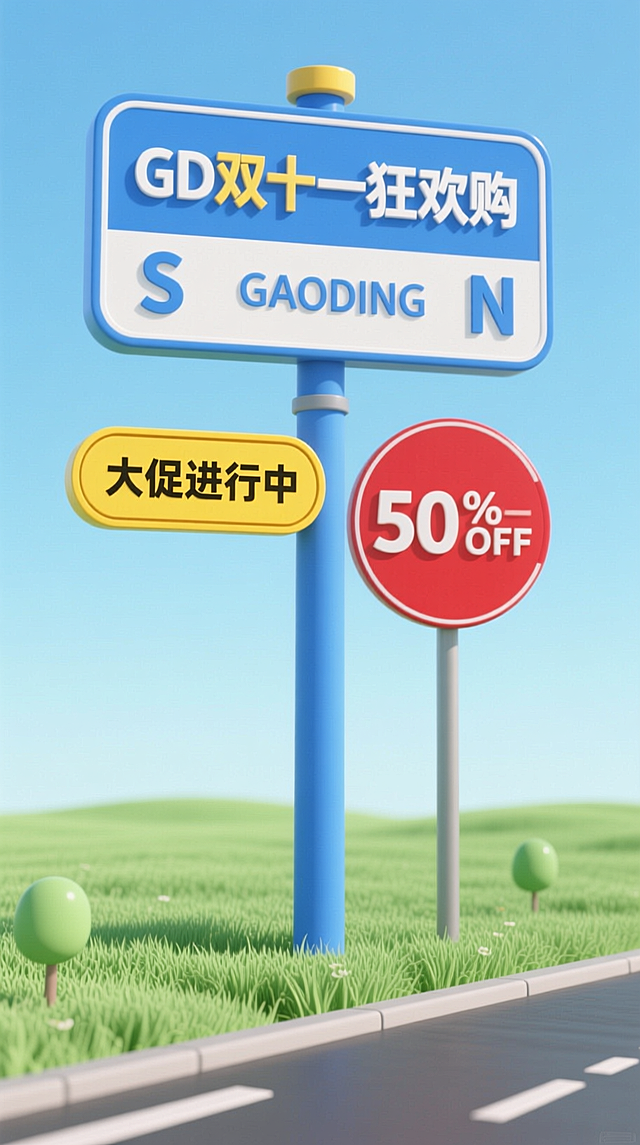 软3D风微缩艺术场景，卡通感路牌搭配清新绿野，突出双十一促销信息，塑料质感强化视觉冲击，节日氛围浓厚。