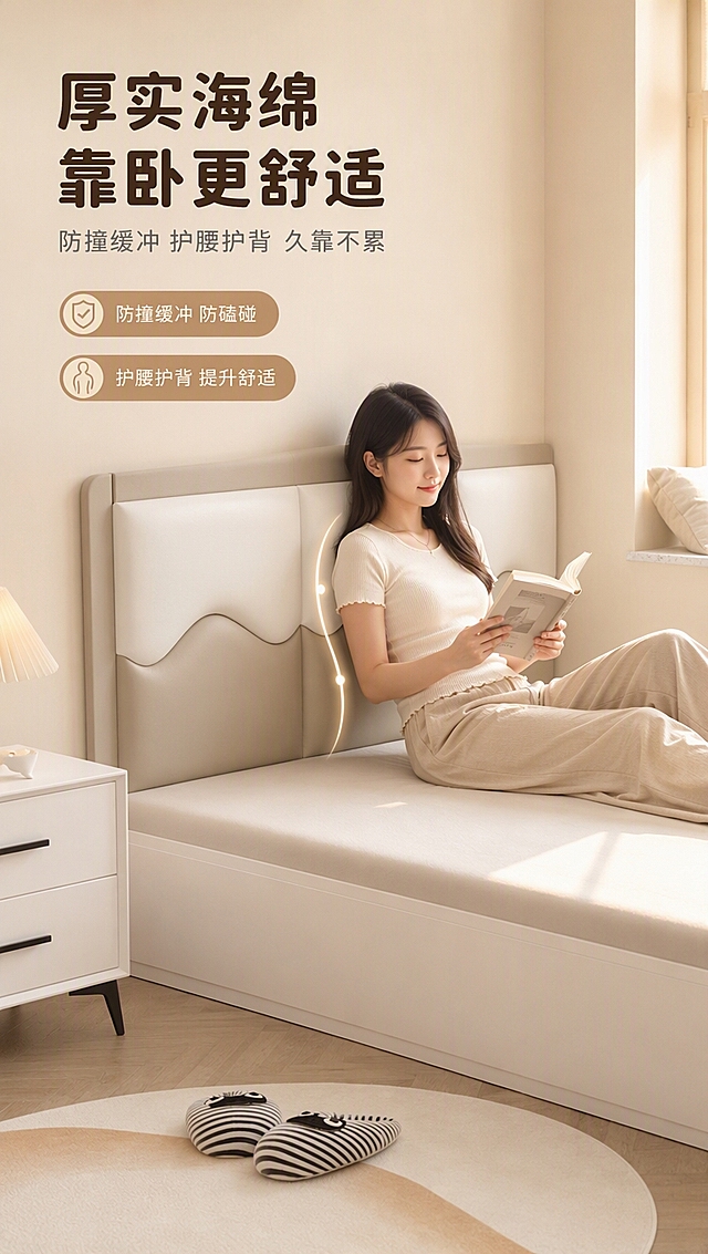 [商品] 使用【图1】浅卡其拼米白波浪床头软包；保留模块拼接结构、波浪造型、猫爪皮面料、浅卡其+米白拼色、海绵填充厚度；增强海绵饱满柔软的视觉感，不改变版型和结构。
[画面] 目标：展示靠卧舒适度与防撞缓冲功能。人物使用场景图，一位亚洲年轻女生侧坐在榻榻米床上，背部轻靠床头软包，手持书本阅读，姿态放松自然；产品安装在床头墙面，主体占画面约60%；左侧床头柜、前景地毯拖鞋，右侧窗边暖光，整体温馨慵懒氛围；可叠加柔和弧线标注靠背贴合腰部的曲线。
[视觉] 套系策略：风格=奶油风温馨家居商业摄影；标题字=现代无衬线粗体（圆润笔画）；正文字=简洁无衬线体；主色=奶杏米白；背景延展=基于奶杏米白做深浅层级、同色渐变和细腻墙面/织物质感；强调色=奶茶棕，仅用于小面积图标、引线、胶囊标签和局部光效；标题色=深暖棕；正文色=中暖灰；组件=圆角浅底信息卡、细线引线、胶囊形卖点框；光影=右前侧暖自然光，柔和漫射，阴影浅淡。
[文字] 左上文案区：主标题「厚实海绵 靠卧更舒适」（9字），副标题「防撞缓冲 护腰护背 久靠不累」（13字）；下方两个卖点胶囊——「防撞缓冲 防磕碰」「护腰护背 提升舒适」；文字不遮挡人物脸部与产品主体。
[规格] 图片比例9:16竖版，分辨率4K，quality=medium；避免变形、错字、文字过小、冷蓝/蓝灰背景、产品颜色改变、版型失真、极限词。