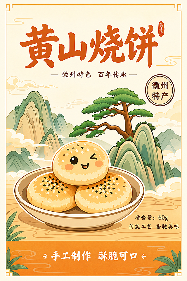 参考黄山烧饼包装元素，重新设计一张创意毕业设计海报，竖向排版。采用卡通风设计，给烧饼添加可爱拟人表情，色彩明快温暖，将迎客松、山水做扁平化插画处理，版式简约干净，保留全部文字信息，整体活泼生动适合毕设展示，高清