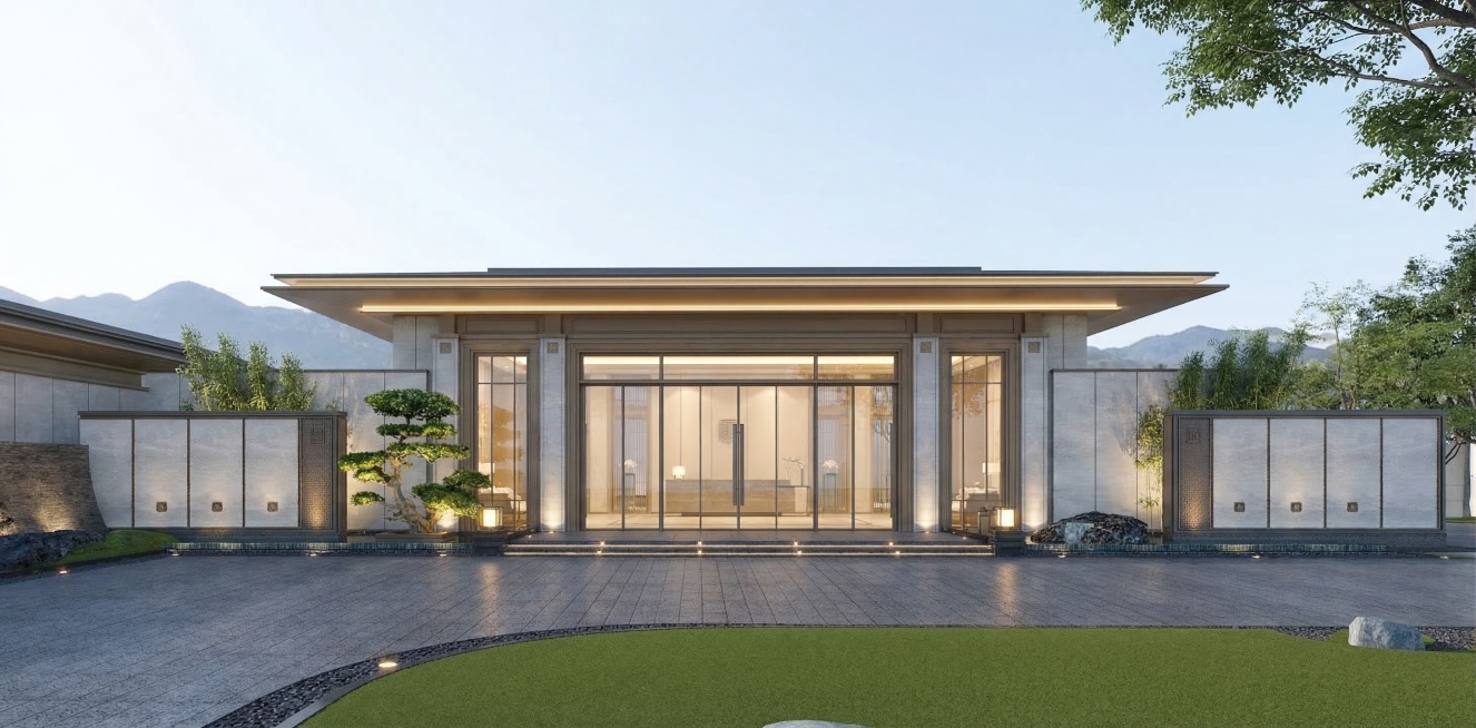 保证建筑主体细节及角度不变，添加室内柔和灯光效果，室外平台增加灯光点缀，屋檐添加自下而上点亮的柔和灯带效果，植物用灯光点缀，远处背景修改为远山加明亮通透的天空，在图片右侧背景种植一些树木，日景渲染，采预览效果