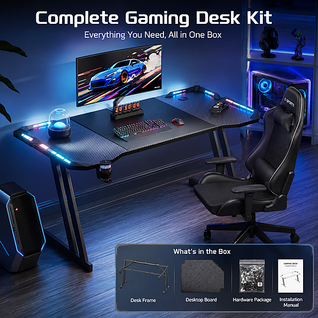 [主图-5] Overall product display and package accessories display of gaming desk. The main picture is the full view of the assembled desk in e-sports scene, desk remains unchanged, with matching black e-sports gaming chair, cool RGB lighting effect. The lower right corner has a small flat layout display of all accessories: desk frame, desktop board, hardware package, installation manual. All accessories are marked with English names. Top with main title "Complete Gaming Desk Kit". Keep style consistent with the whole set of main pictures, cool e-sports wind, unified color and light. 1:1 ratio, 2K resolution, all English, clear picture, super HD. Negative prompt: deformation, watermark, text confusion, blurred product picture, messy background