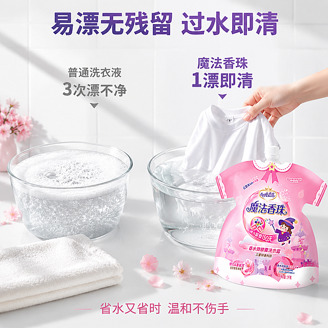 [主图-7] 易漂无残留泡沫对比场景图
[氛围风格] 清爽洁净 通透安心 家庭洗衣场景
[画质] 商业摄影质感 自然光柔和 泡沫细节清晰 画面干净高级 超高清细节
[元素] 明亮的浴室洗衣场景，白色洗手台面上有两个透明玻璃盆。左侧盆中是普通洗衣液洗后的水，浑浊多泡、泡沫厚重绵密不消散。右侧盆中是魔法香珠洗衣露洗后的水，清澈透明、只有少量细腻泡沫快速消散。右侧盆边放置产品主体（粉色洗衣露袋），占画面约35%。台面上有干净的白色毛巾、樱花花瓣点缀。背景是白色瓷砖墙与柔和自然光。一只手（仅露出手部）正从右侧盆中拎起一件白色T恤，T恤滴水清澈。保持产品外观（即物理结构、材质质感、颜色、图案文字）与输入产品图完全一致，杜绝任何变形和色差，精细化处理。画面禁止出现多余的手、多余的手指、畸形手、融合手指、手部扭曲、人物面部扭曲、关节反折。
[光影] 上方自然光 冷白调 突出水的清澈与泡沫质感 产品受光均匀 整体明亮清爽
[配色] 主色白色 清水蓝 樱花粉 辅色浅灰 浅绿
[视角构图] 俯视微倾斜角度 两盆左右对比 产品居右 景深中等 焦点在水质对比
[文字版式] 顶部大标题"易漂无残留 过水即清" 深紫色粗体大号字 居中；左侧标注"普通洗衣液 3次漂不净" 灰色字；右侧标注"魔法香珠 1漂即清" 深紫色字；底部小字"省水又省时 温和不伤手" 粉色字 居中。文字放在上下负空间 不遮挡产品主体。
[输出要求] 1:1比例 文字清晰可辨 超高清商业摄影质感
[负向提示词] 变形 文字错乱 产品图模糊 背景杂乱 水印 电商平台Logo 多余的手 畸形手 人物面部扭曲 关节反折 肢体穿模