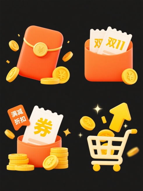 一套4个规整排布的电商促销素材，保持原素材的明亮欢快氛围、扁平风格、橙黄色系主色调、简约线条和几何感设计。第一个为原素材：两个橙色红包带有金色圆形封口，红包旁散落着印有“券”字的白色券票，前方堆叠着带有“¥”符号的金黄色硬币，周围有金币动态飞舞。第二个变体：红包和金币保持不变，加入“双11”字样元素，字体为活泼的无衬线体，颜色为亮眼的黄色，与整体色调协调，金币数量略有增加，增强促销的丰盛感。第……预览效果