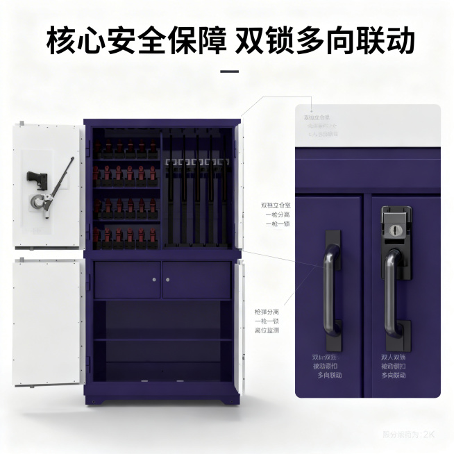 [主图 4] 核心安全与锁具细节
[主图主题] 双独立仓室安全防护展示
[氛围/风格] 硬核工业安全风，对比清晰
[画面元素] 主体展示枪弹一体柜内部双独立仓室结构，左侧枪仓展示一枪一锁结构和枪支离位预览效果