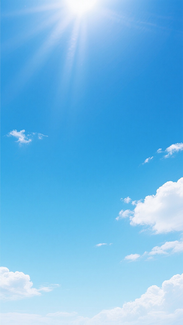 一张纯净的天空背景图，整体呈现由上至下从深邃的宝蓝色逐渐过渡到明亮的浅蓝色的渐变效果，画面中点缀着少量形态轻盈、边缘柔和的白色云朵，主要分布在右下角和左下角区域，云层稀薄且具有透明感，阳光从画面上方照射下来，在天空中形成自然的光晕和细微的光线散射效果，营造出宁静、开阔、清新且充满希望的氛围，整体风格简约自然，色彩和谐统一，给人以舒适、放松的视觉感受。