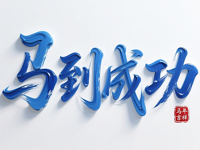 现代感与中式美学融合，3D厚涂字形呈现液态流动质感，大字风强化视觉冲击，搭配红色印章“马年吉祥”，传递节日祝福。