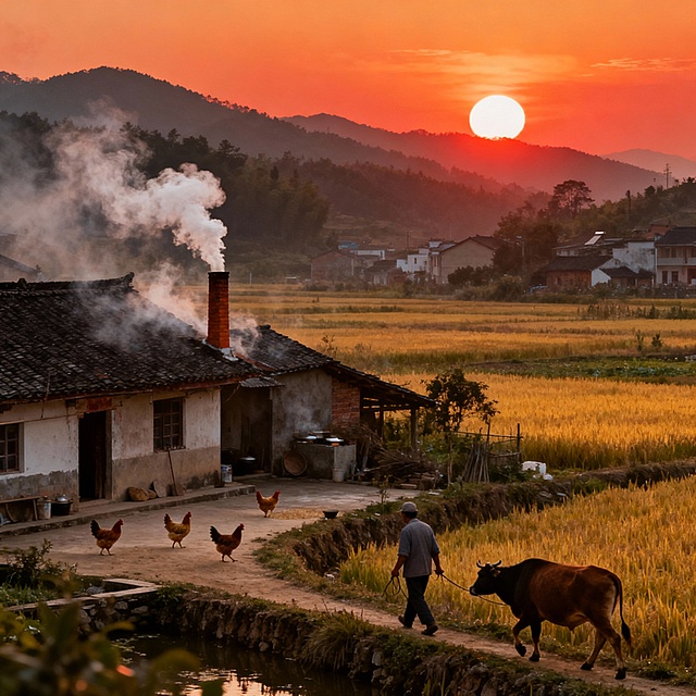乡间夕阳的充满烟火的