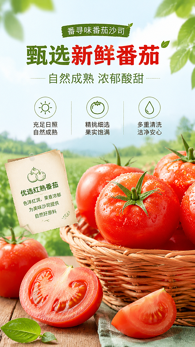 清新自然风，实景质感搭配水彩元素，重拟物设计展现番茄鲜润细节，双色对比突出主题，拼贴式布局增强质朴舒适感，传递夏日田园的纯净美味。