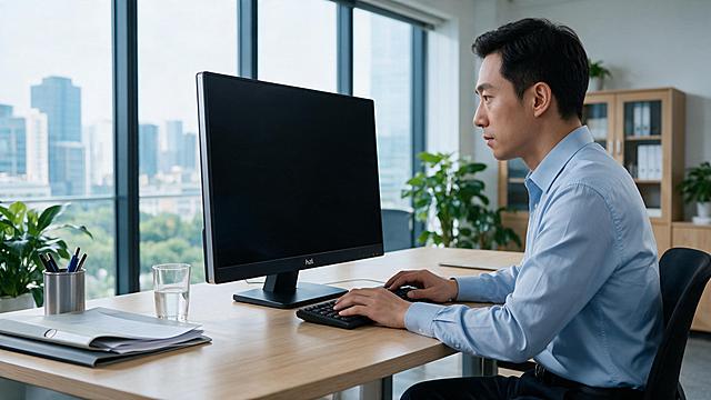 将这台hzl品牌电脑显示器放入现代办公室场景中，显示器严格参照上传产品图，完整保留hzl品牌logo、边框、结构、材质和颜色。一名中国男性白领坐在办公桌前使用这台显示器办公，专注地看着屏幕，手部放在键盘上。办公室环境明亮现代，有落地窗、办公桌椅、绿植、文件等元素，写实摄影风格，自然光线，高清细节，真实质感，人物与显示器比例真实自然