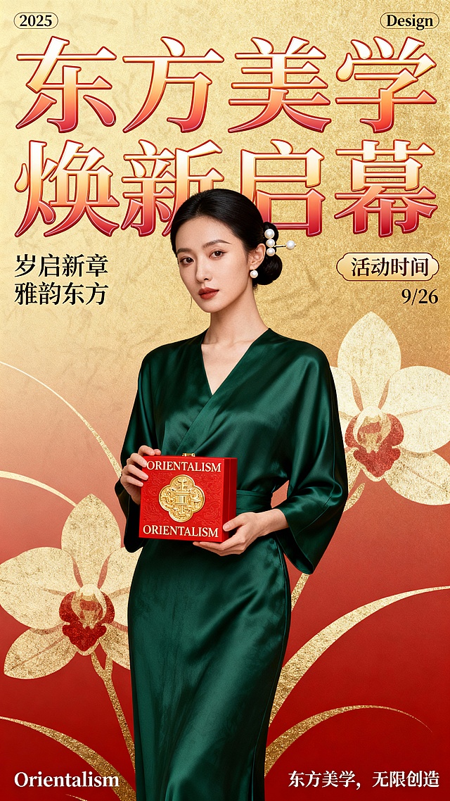 2025东方美学新年海报，清冷系东方女性，低盘发配珍珠发簪，身着墨绿真丝斜襟长裙，手持嵌玉红金礼盒（印“ORIENTALISM”），背景渐变金红底+抽象兰花纹理，上方标“2025”“Design”，底部标“Orientalism”“东方美学，无限创造”，时尚大片质感，光影柔焦，对称构图，8K画质