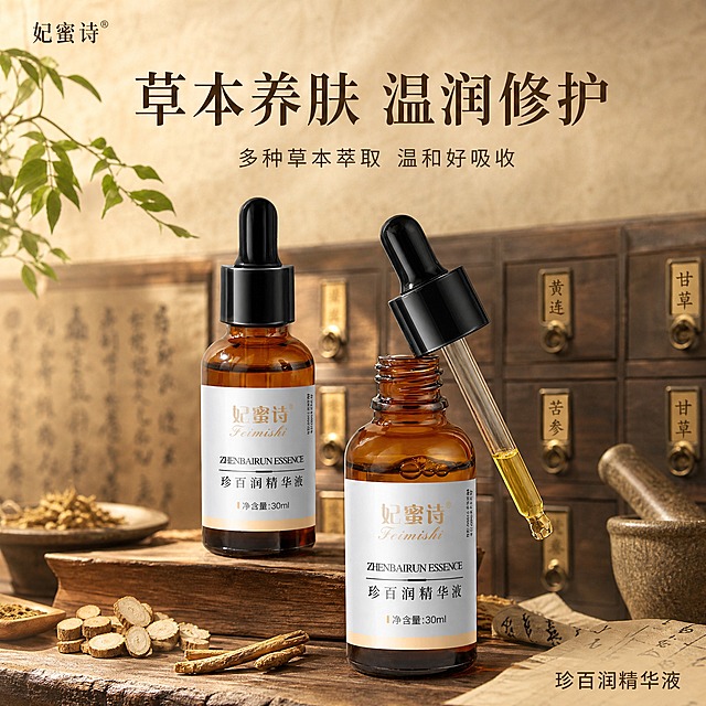 [主图-1] 草本精华液首图，中药风格品牌调性展示，小红书原生感封面。
[统一基调] 中药草本暖棕色调，整体为温润古朴的中医药房氛围，主色为深棕、米黄、草木绿，点缀琥珀金。主标题用干净宋体，深棕色大字，辅助文字用同色系小号非衬线体，整体风格温润自然有东方草本感，拒绝现代科技感和化学元素。
[画面] 两瓶妃蜜诗珍百润精华液（棕色滴管瓶，白色标签，黑色胶头滴管）居中偏下放置在古朴木质药柜前的老木台上，一瓶直立一瓶滴管取出悬在瓶口旁，滴管中有金黄色精华液。背景是虚化的中式中药柜，抽屉上有小铜拉手，柜台上散落少量干草本植物（如甘草片、黄连、苦参根等）和一个旧捣药罐的一角。画面上方留白放标题，左侧有少量垂落的绿叶枝条点缀。产品占画面约55%，视角为微仰视正面偏侧。
[光影质感] 柔和自然光从左上方斜射，在木台上形成自然阴影，玻璃瓶身有温润高光，琥珀色液体通透有质感，整体暖调柔光，中药房自然光氛围。
[配色] 深棕木色为主背景，米黄宣纸色为文字底，草木绿点缀植物，琥珀金体现精华液色泽，整体暖调古朴。
[文字版式] 画面上方居中大标题"草本养肤 温润修护"，标题下方小字副标题"多种草本萃取 温和好吸收"，左上角放品牌名"妃蜜诗"小标，右下角有一行小字"珍百润精华液"。所有文字为深棕色，标题用宋体加粗，辅助文字用细体。文字放在留白区域，不遮挡产品主体。
[输出要求] 比例1:1，产品清晰不变形，文字清晰可读，背景有中药房氛围感但不杂乱，无水印无平台logo。负向：化学成分符号、实验室器皿、西药胶囊、生产厂家信息、夸张功效承诺、错字、模糊、悬浮、穿模。