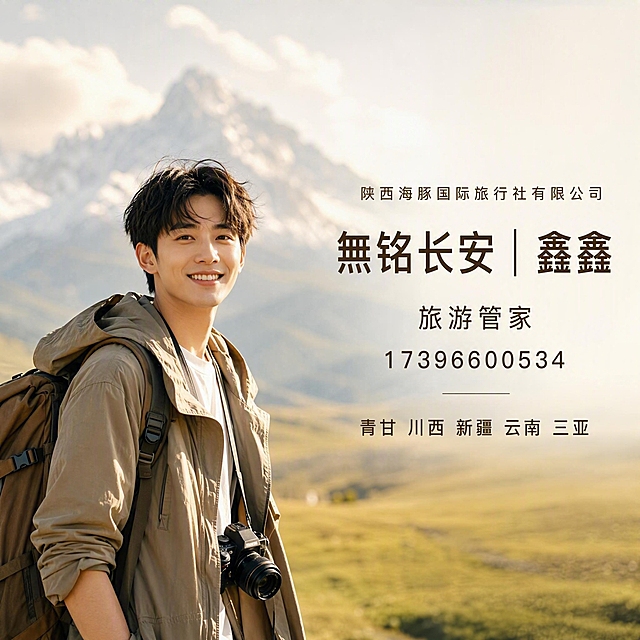正方形构图，高级简约实景风格。画面左侧是一位25-30岁的年轻男生，休闲旅行风穿搭，阳光帅气，面带微笑看向镜头，站在壮丽的自然风景前（雪山草原背景）。画面右侧是文字信息区域，排版简洁高级：第一行小字"陕西海豚国际旅行社有限公司"，第二行大字"無铭长安｜鑫鑫"，第三行"旅游管家"，第四行电话号码"17396600534"，第五行"青甘 川西 新疆 云南 三亚"。整体色调温暖自然，光线柔和，电影质感，景深虚化背景，人物清晰突出。
