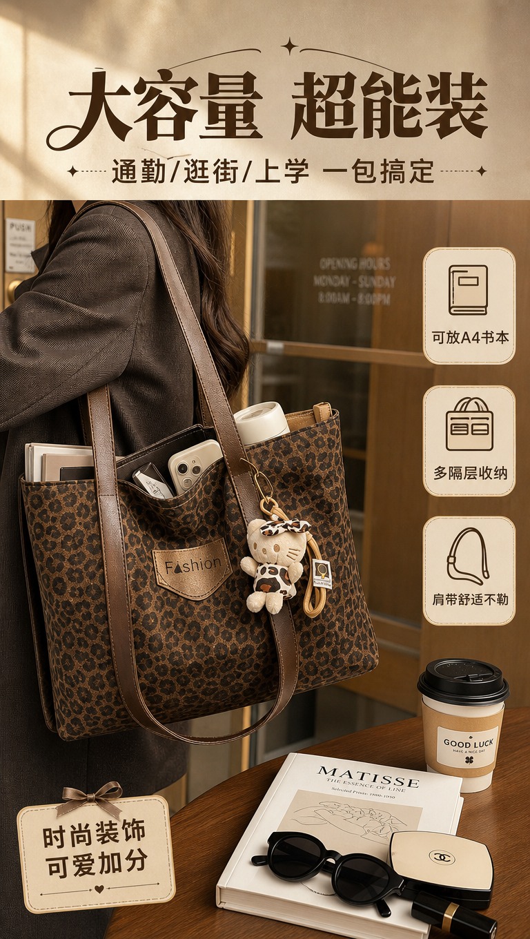 [商品] 使用【图1】深棕豹纹托特包+【图7】棕色包挂件装饰参… - 图片创意预览
