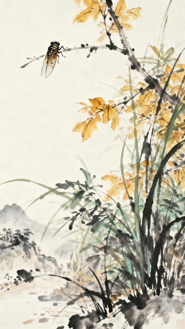 夏季出伏，草木惊秋，蝉鸣渐稀，国画风格，展现夏末秋初自然意境，传统水墨绘茂密草木带初秋微黄，枝头留一只寒蝉，写意宁静氛围，淡墨晕染，雅致古朴，东方传统山水画格调预览效果