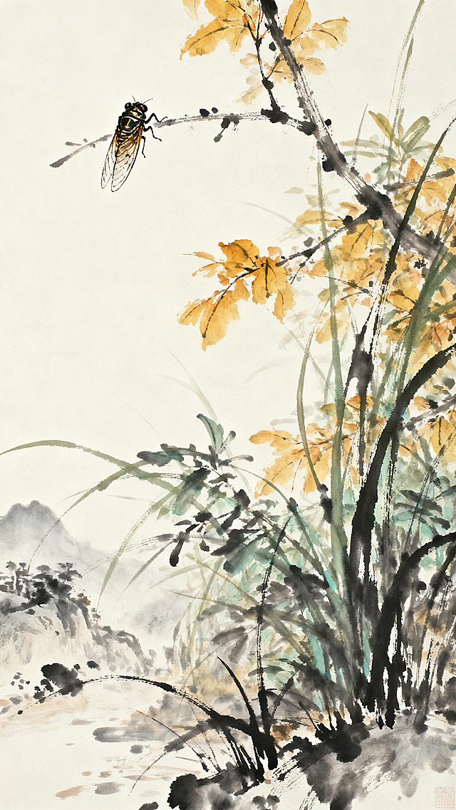 水墨晕染勾勒秋意，工笔精绘蝉栖枝头，远山淡影间融印象画派朦胧意境，国潮风韵中透出古典静谧之美。