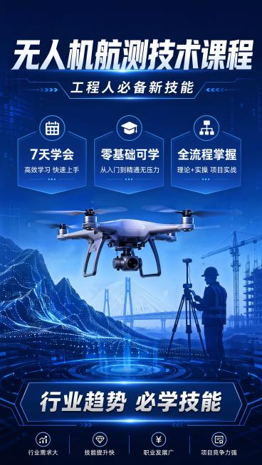专业科技风格无人机航测技术课程招生海报，画面顶部放置大标题"无人机航测技术课程"，主标题下方放置副标题"工程人必备新技能"，画面左侧放置卖点标签"7天学会"，画面中间放置卖点标签"零基础可学"，画面右预览效果
