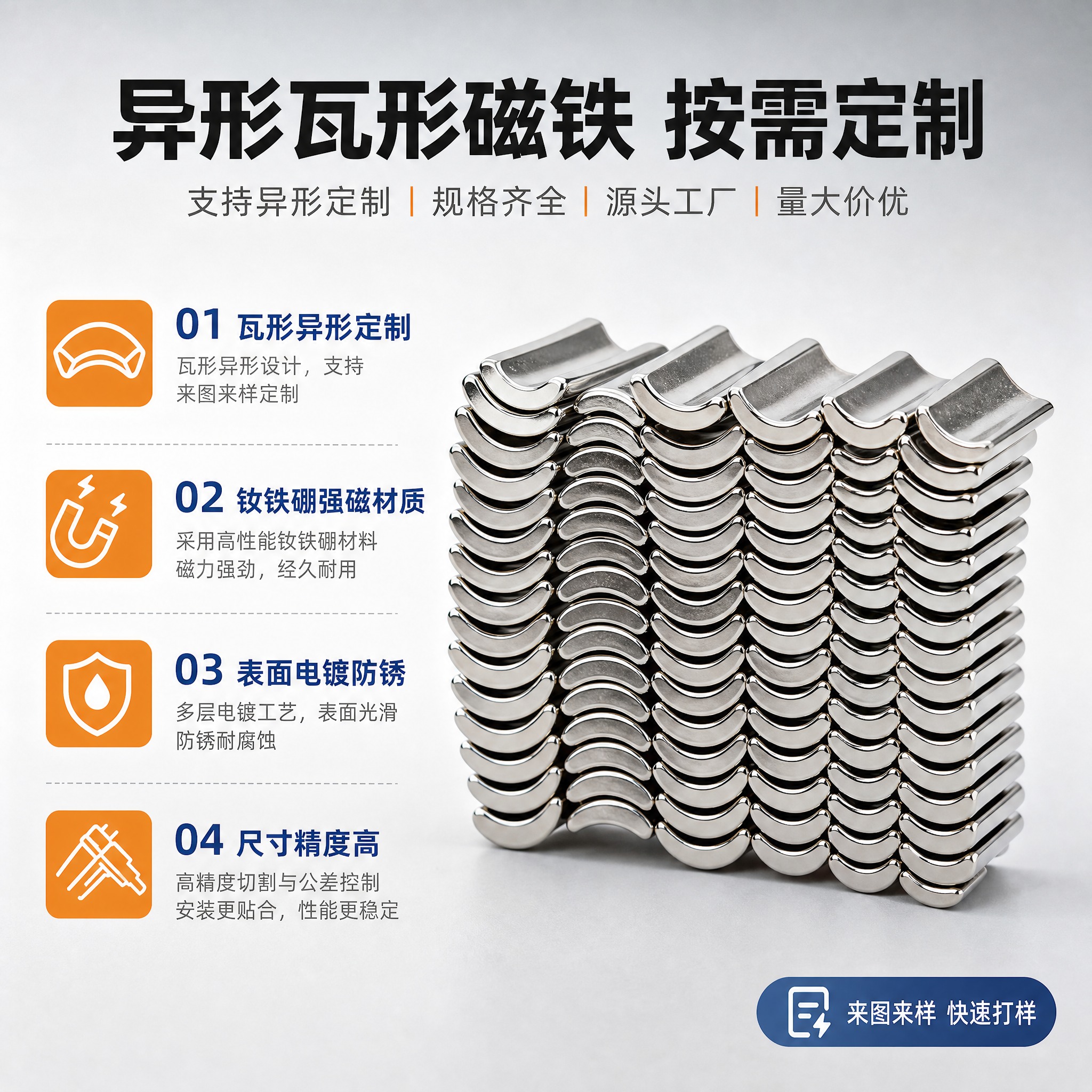 [主图-2] 异形瓦形钕铁硼磁铁 产品亮点与定制能力展示，定制… - 图片创意预览