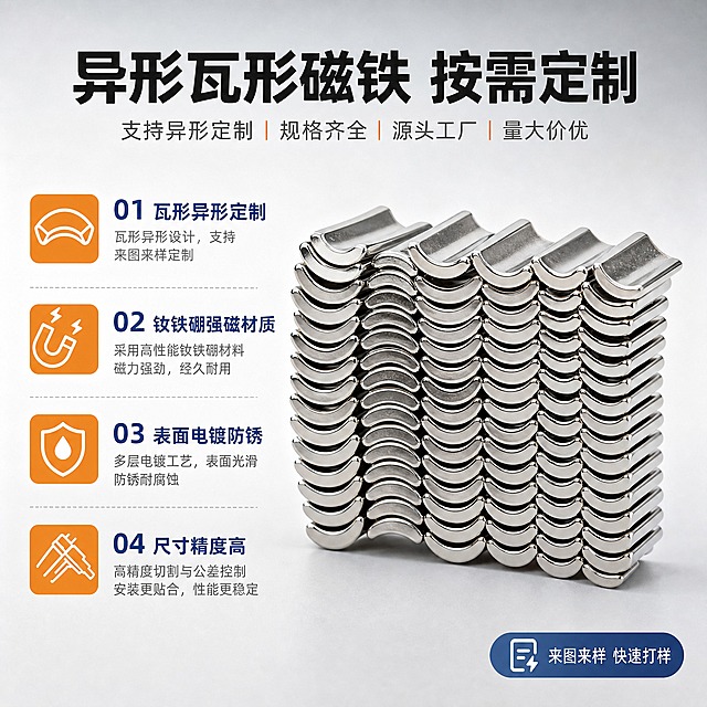 [主图-2] 异形瓦形钕铁硼磁铁 产品亮点与定制能力展示，定制链接主图2。
[统一基调] 工业写实B端源头工厂风，浅灰色渐变背景，金属银灰主色调，深蓝色为强调色，橙色作为卖点标签点缀色；标题用粗黑无衬线字体，辅助文字用简洁无衬线体；整体真实不夸张。
[画面] 画面右侧主体为瓦形磁铁阵列特写，使用【图4】【图5】【图6】产品图，正面微俯视角度，产品占画面约55%，清晰展示瓦形弧度、厚度和表面电镀质感；左侧竖排4个编号卖点，每个卖点配小图标：1.瓦形异形定制 2.钕铁硼强磁材质 3.表面电镀防锈 4.尺寸精度高；卖点文字用深蓝色标题 + 灰色说明的层级；顶部大标题「支持异形定制 规格齐全」。
[光影质感] 商业工业摄影质感，均匀柔光，金属表面反光自然干净，磁铁底部有柔和接触阴影，不悬浮。
[配色] 背景浅灰渐变，产品银金属色，标题深灰近黑，强调色深蓝，图标橙色点缀。
[文字版式] 顶部居中主标题「异形瓦形磁铁 按需定制」；左侧4条卖点纵向排列，每条带编号和短说明；右下角小标签写「来图来样 快速打样」；文字均横排，不遮挡产品核心部位。
[输出要求] 比例1:1正方形，2048×2048，2K分辨率，产品清晰不变形，文字无错字，画面干净无水印；负向：变形、色差、模糊、悬浮、过度美化、夸张科技感、杂乱元素。