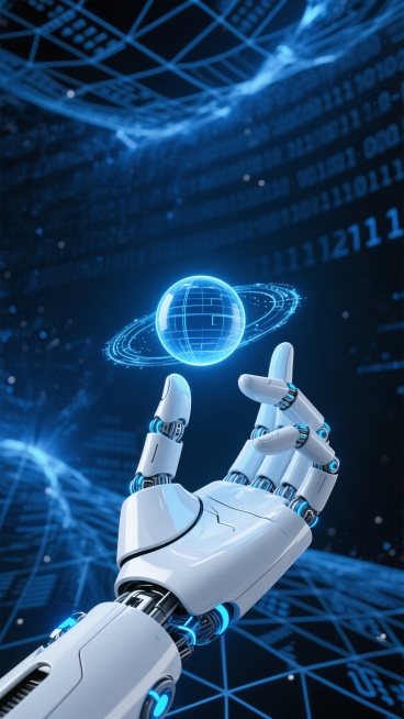未来感十足的智能科技场景，白色金属质感的机械手掌悬浮于深邃空间中，五指优雅弯曲，食指指尖正与一个悬浮的蓝色全息光球精准对接，光球散发着柔和的光晕并伴有动态能量波纹，手掌关节处点缀着蓝色发光元件，背景是由无数流动的二进制代码、几何线条和三维网格构成的数字星云，整体呈现出深蓝与科技蓝的渐变色调，光影层次分明，高光与阴影细节丰富，营造出神秘而充满力量的人工智能交互氛围，画面充满科技感与未来感。预览效果