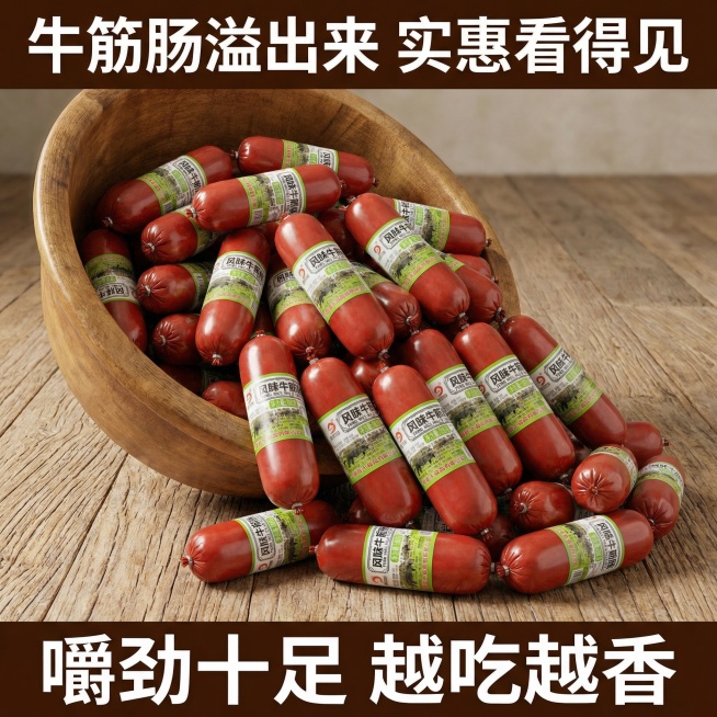 我的产品是牛筋肠，帮我做10张主图产品堆积起来突出产品多预览效果