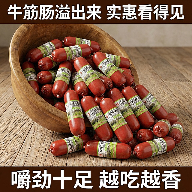 我的产品是牛筋肠，帮我做10张主图产品堆积起来突出产品多