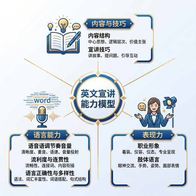 创建新布局的英文宣讲能力模型图：中心圆形区域放置标题"英文宣讲能力模型"，内容与技巧模块放在正上方，语言能力模块放在左下方，表现力模块放在右下方，三个模块围绕中心排列。所有文字内容保持不变：

内容与预览效果