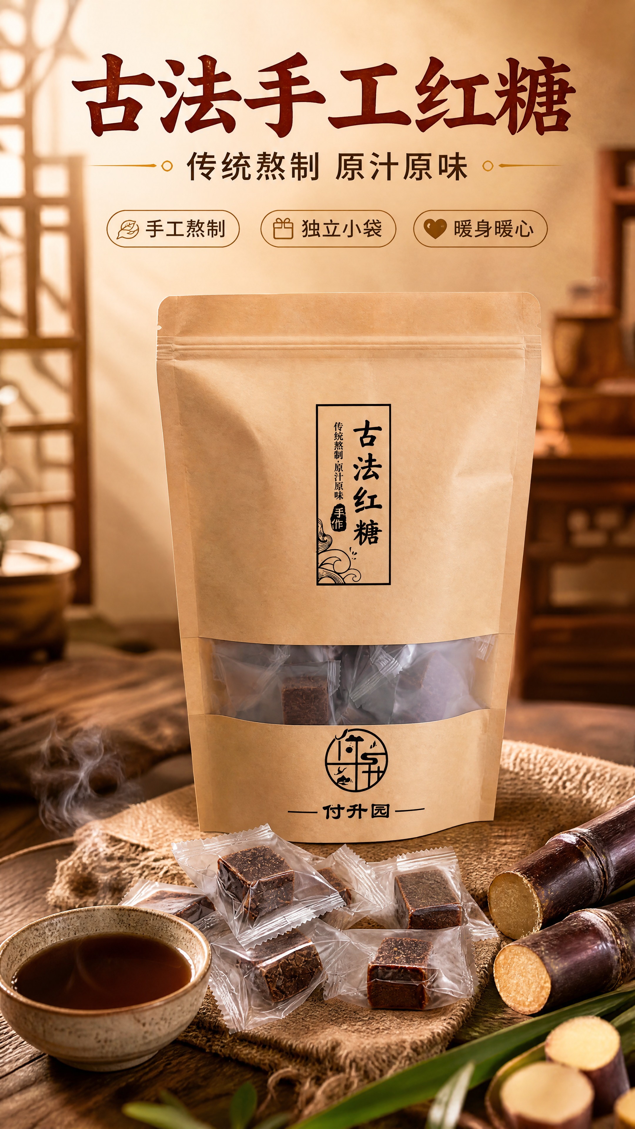 [商品] 使用【图1】付升园古法红糖牛皮纸自立袋包装及独立小袋… - 图片创意预览