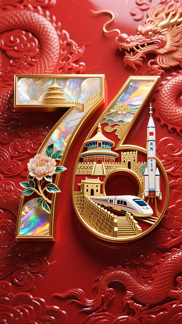 国潮风与3D浮雕结合，鎏金数字“74”融入长城、高铁、火箭等元素，彰显中式喜庆与科技奢华感，龙纹背景烘托节日庆典氛围。
