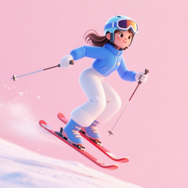 画面主视觉是腾空的女孩，身着亮蓝色滑雪服、白色雪裤，佩戴头盔与可视护目镜，脚踩红色滑雪板，拿着雪杖呈动感滑行姿态。浅粉色纯色背景预览效果