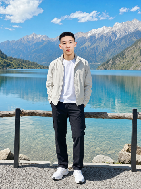 根据这张男士人像，生成一张帅气的户外旅游打卡照，男士保持本人面部特征，穿着休闲帅气的旅游穿搭，站在风景优美的网红景点打卡点，背景是干净好看的自然景区，光线自然，不需要添加任何文字，现代真实风格预览效果