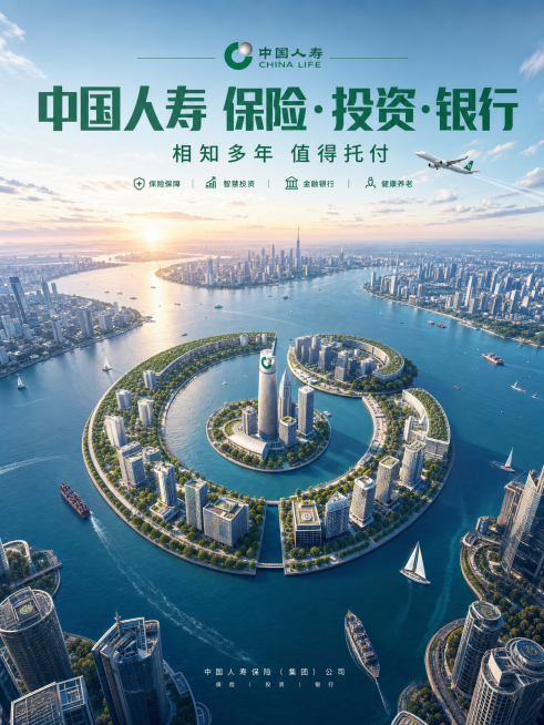 高空航拍全景海报，宇宙视角，中国人寿LOGO为核心视觉，晴朗淡蓝色通透天空，国际化大都市建筑群，摩天商务写字楼，城市建筑组成中国人寿logo的形状，城市中央生态湖泊大片绿地，宽阔江海水面，远洋货轮、帆预览效果