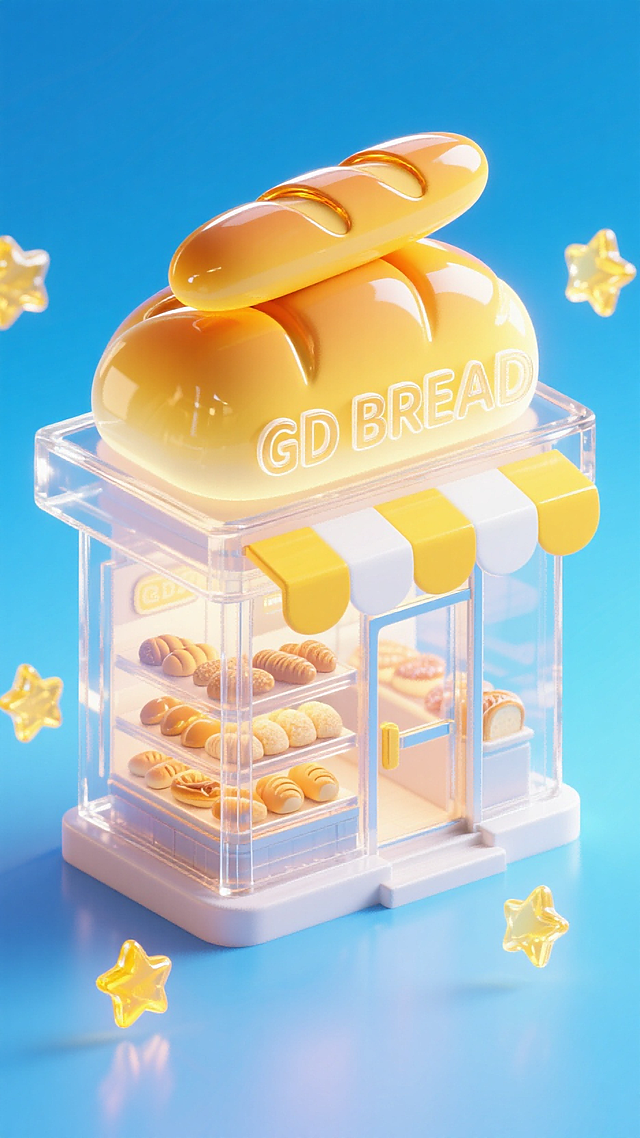 一个Q版的面包店铺，俯视镜头，店铺门头是面团造型，顶部有一条法棍面包，写着“GD BREAD”，黄色和白色组合，店内陈列着很多各式面包。周围漂浮很多黄色小星星。蓝色渐变背景。