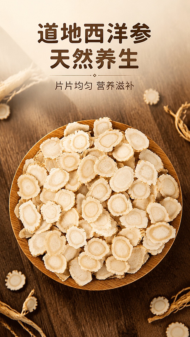 [第1屏] 详情页头图-西洋参片养生滋补产品宣传海报。本屏使用【图1】作为商品主体，展示西洋参片切片全貌。
[氛围/风格] 自然简约养生风，暖棕木色背景，真实食材质感，商业摄影质感。
[元素布局] 西洋参片主体置于画面中下区域，占比约70%，顶部留出标题空间，背景为深木纹桌面，周边点缀少量干参须作为装饰，西洋参切片形状、颜色、纹理与输入商品图保持一致。
[光影质感] 顶部柔光照明，产品下方自然投影，突出切片纹理和质感，整体光影柔和自然。
[配色色系] 全局底色 #F5F0E6；主色原木棕+米白；辅助色浅黄点缀。
[视角构图] 俯视视角，产品为视觉中心，阅读动线从上到下。
[文字版式] 版式为上标题下产品。主标题「道地西洋参 天然养生」，副标题「片片均匀 营养滋补」，主标题使用温润深棕色圆角黑体，副标题浅棕色，文字居中排列，不遮挡产品主体。
[比例分辨率] 9:16 竖版比例，4K分辨率，文字清晰可辨，高清画质。
[负向提示词] 切片变形，颜色偏差，水印，文字错乱，产品模糊，背景杂乱