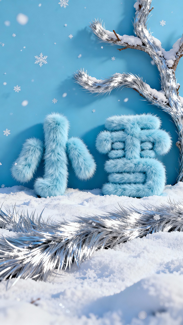浅蓝色 “小雪” 艺术字放雪地里，细雪往下飘，浅蓝背景，旁边加几枝银白树枝。