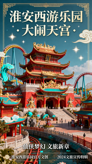 淮安西游乐园大闹天宫文创海报设计，围绕大闹天宫核心景点实景展开创作，还原游乐场景与建筑风貌，融入神话天宫建筑元素、星光云纹、古典边框装饰，将乐园实景与仙侠梦幻风格融合，配色绚丽丰富，氛围感十足，元素丰预览效果
