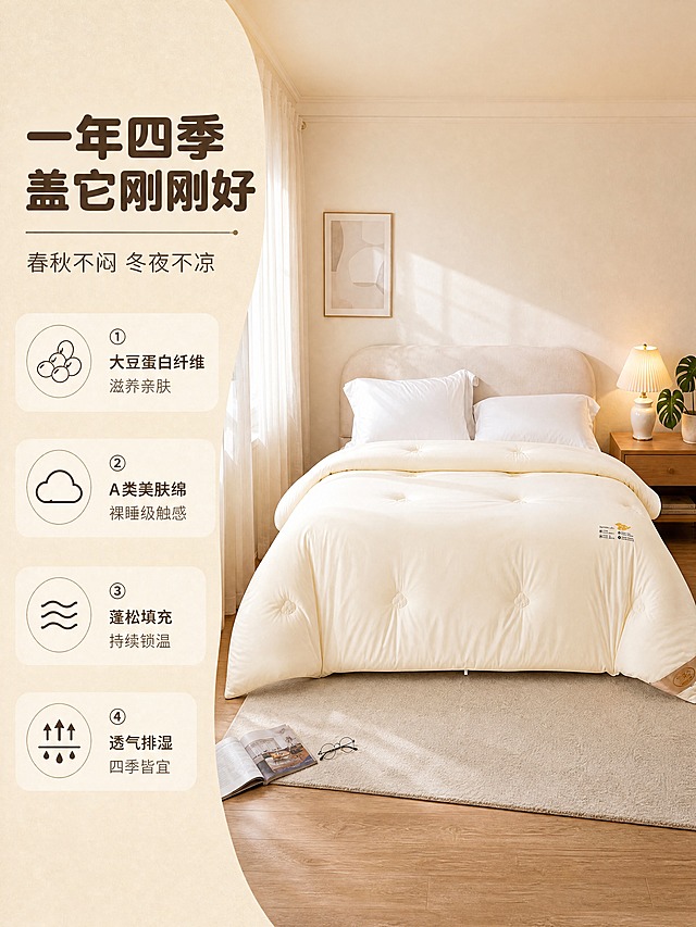 [商品] 使用【图2】A类美肤绵大豆四季被卧室场景图；保留被子完整铺陈形态、米白奶油色、云朵绗缝、标签位置、枕头搭配；增强面料蓬松感与光影层次，保持场景空间透视正确。
[画面] 页面目标：场景种草，呈现四季皆宜的睡眠环境；构图：左文右图，左侧文字区占35%，右侧场景图占65%；主体位置：右侧完整卧室场景，被子为视觉中心；景别：中全景；阅读动线：从左标题到右场景；场景：奶油风完整卧室，晨光、绿植、床头柜、台灯营造温馨生活感。
[视觉] 套系策略：风格=奶油风温馨家居商业摄影；标题字=圆润现代粗黑体；正文字=简洁无衬线体；主色=奶油米白；背景延展=基于奶油米白做深浅层级、同色渐变和细腻织物/墙面质感；强调色=暖咖棕，仅用于小面积图标、引线和标签；标题色=深暖棕；正文色=中暖灰；组件=圆角浅底信息卡、细线引线、圆点装饰；光影=左前侧45°暖柔光，纱帘漫射，被面褶皱柔和明暗渐变。
[文字] 左侧主标题「一年四季 盖它刚刚好」，副标题「春秋不闷 冬夜不凉」，下方4个卖点：①大豆蛋白纤维 滋养亲肤 ②A类美肤绵 裸睡级触感 ③蓬松填充 持续锁温 ④透气排湿 四季皆宜；文字左对齐排列，不遮挡场景主体。
[规格] 图片比例3:4竖版，4K，避免变形、错字、文字过小、冷蓝背景、被子颜色改变、版型失真、极限词。