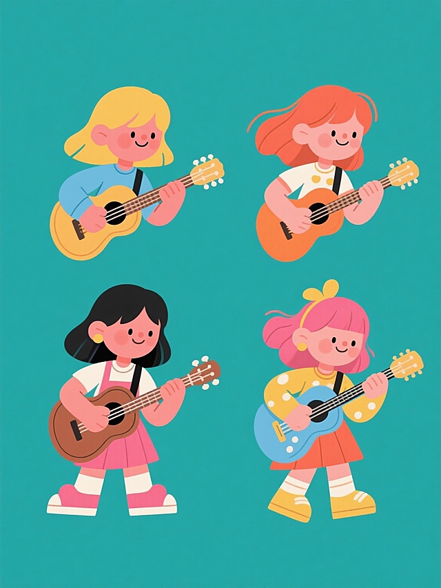 一套四个不同造型的卡通风格女孩弹吉他插画系列，保持原有的手绘感线条、扁平色块、渐变过渡和明亮色彩，每个女孩有着不同的发型、服装和弹奏姿势，背景为纯色，所有插画规整地排列在同一画面中，形成一个协调统一的集合。