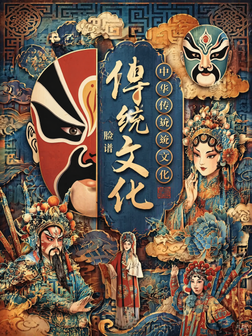 参考图片的国潮剪纸浮雕风格，重新生成传统文化京剧脸谱海报，保留文字内容'传统文化 脸谱 中华传统文化'，采用国潮剪纸浮雕风格，金线描边，蓝棕配色，祥云和传统纹样背景，京剧人物和脸谱元素预览效果