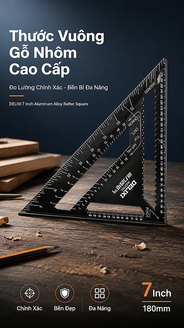 [第1屏] 详情页头图主视觉 - DELIXI 7-inch Aluminum Alloy Rafter Square 三角尺新品宣传海报。本屏使用【图1】作为商品主体。
[氛围/风格] 专业工业风，深灰蓝渐变背景，木工工作台场景局部，商业摄影质感，极简跨境电商风格，真实客观不花哨。
[元素布局] 黑色三角尺斜置于画面右侧中部，占比约55%-60%；左侧留标题区，底部为木质工作台台面，台面上散落少量木屑、铅笔和木板边角；产品保持原图黑色铝合金材质、白色刻度、DELIXI品牌标识、三角镂空结构完全一致，不改变产品比例轮廓。
[光影质感] 左上方45度硬光照明，金属边缘高光锐利，右下方自然投影，整体明暗对比强烈，突出金属质感和刻度清晰度。
[配色色系] 全局底色 #2C3E50 深灰蓝渐变；主色黑色产品 + 白色刻度；辅助色深木色台面、橙色点缀。
[视角构图] 45度斜侧俯视，产品为视觉中心，阅读动线左上标题 → 右侧产品 → 底部信息条。
[文字版式] 版式为左上标题 + 右侧产品 + 底部信息条。全部文字为越南语。主标题「Thước Vuông Gỗ Nhôm Cao Cấp」，副标题「Đo Lường Chính Xác - Bền Bỉ Đa Năng」，两行粗体无衬线字左对齐；标题下方小字「DELIXI 7 Inch Aluminum Alloy Rafter Square」；底部左侧三个卖点标签「Chính Xác」「Bền Đẹp」「Đa Năng」，右下角标注「7 Inch / 180mm」；文字不遮挡产品主体。
[比例分辨率] 9:16 竖版比例，4K分辨率，文字清晰可辨，高清画质。
[负向提示词] 产品变形，缺件错件，刻度模糊，颜色偏差，中文字符，水印，文字错乱，产品图模糊，背景杂乱。