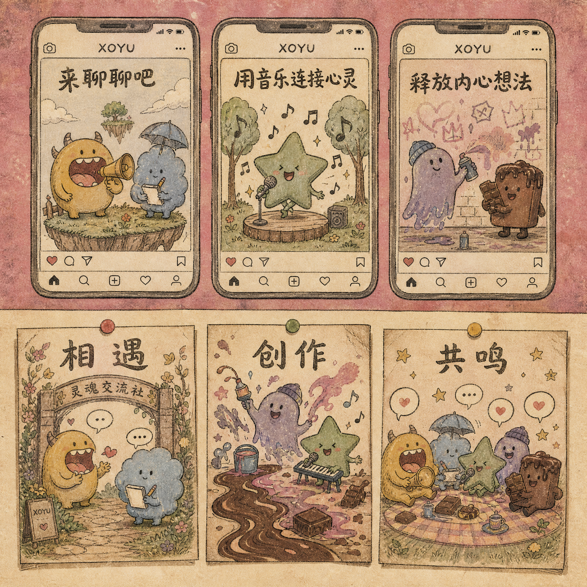 品牌社交宣传展板，2D复古旧绘本涂鸦插画风格，粗深褐色手绘轮廓… - 图片创意预览