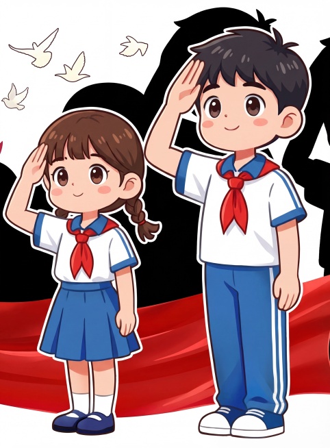 高清卡通风格，一对系着红领巾的少先队员男女同学正在敬礼，女生是麻花辫穿着蓝裙子白短袖，男生穿着蓝裤子白短袖，背景是黑色底色搭配红色绸缎，上方有几只白色和平鸽，整体风格和参考图类似，画面高清细腻预览效果