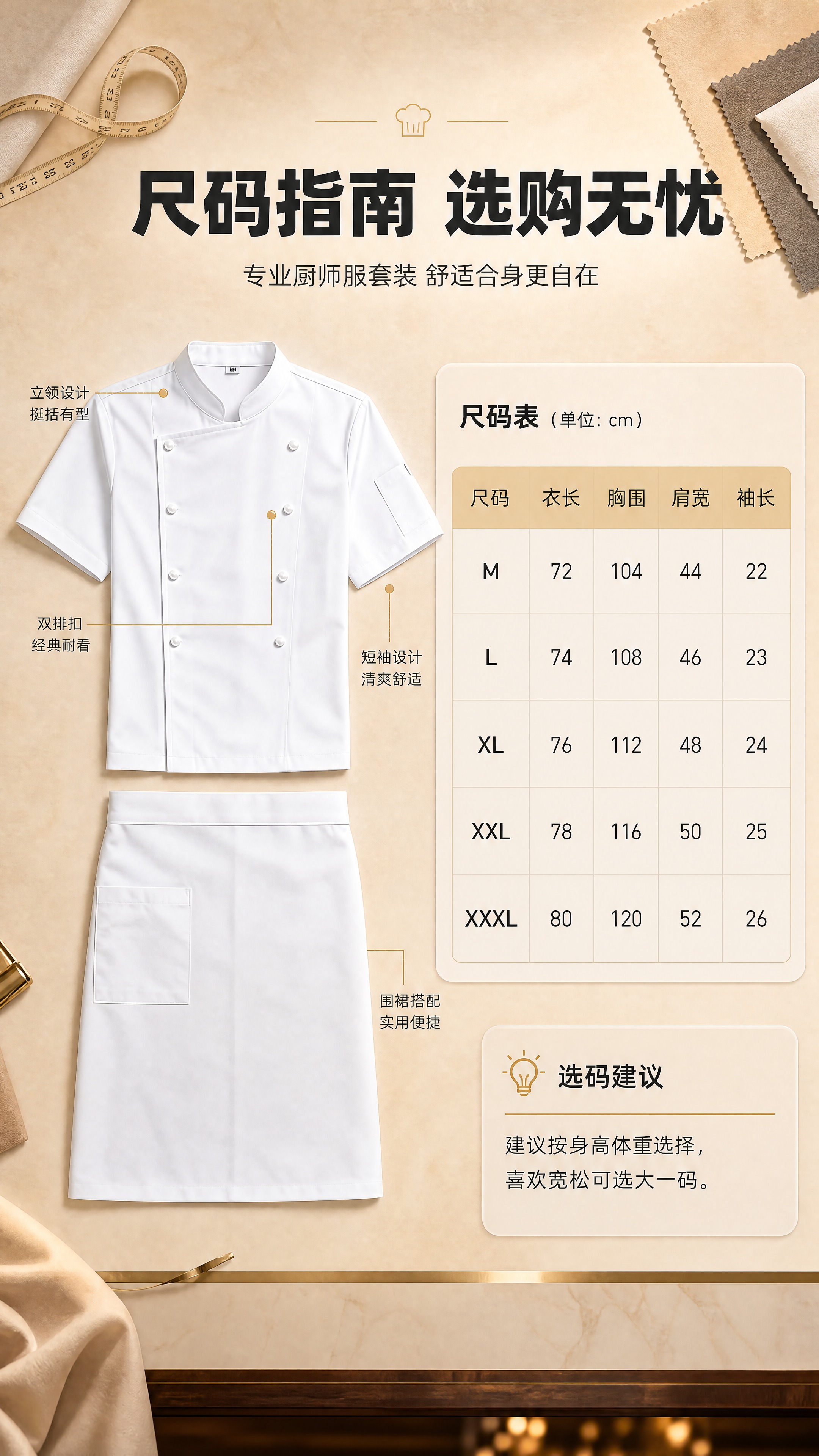 [商品] 使用【图1】男士白色短袖双排扣立领厨师服+白色围裙套… - 图片创意预览