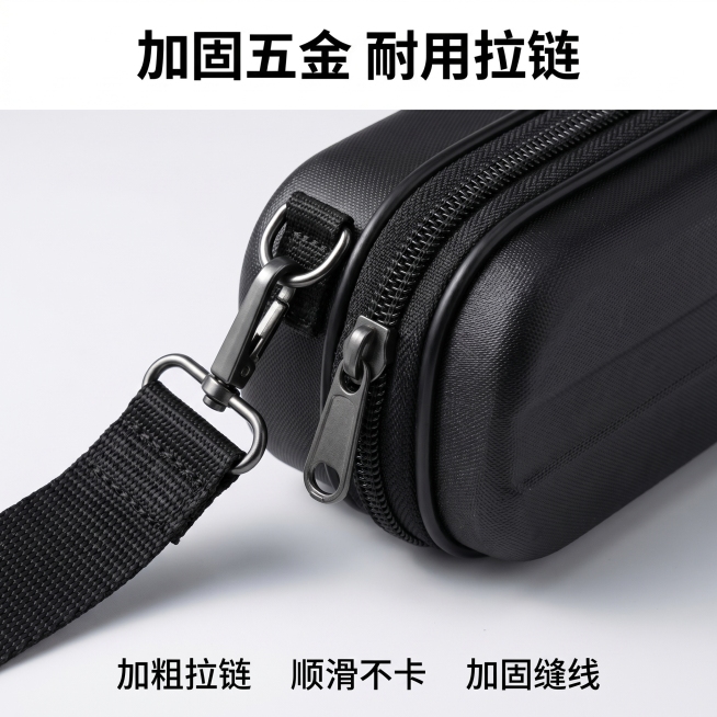 [主图 4] 黑色硬壳渔具竿包细节展示主图；
[氛围风格] 特写细节展示，整体风格和前几张统一；
[画质] 商业摄影质感、光线清晰通透、细节纹理突出、画面干净高级；
[元素] 对黑色硬壳渔具竿包的拉链预览效果