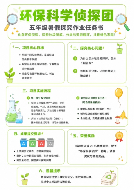 标准A4竖向海报，高明亮清新校园环保卡通风格，纯白整体底色，拉高整体亮度，通透干净视觉清爽亮眼，主色调为鲜亮浅草绿，搭配柔和鹅黄、浅天蓝做装饰，色彩饱和度适中偏高，不暗沉不发灰，整体光线明亮通透，打印预览效果