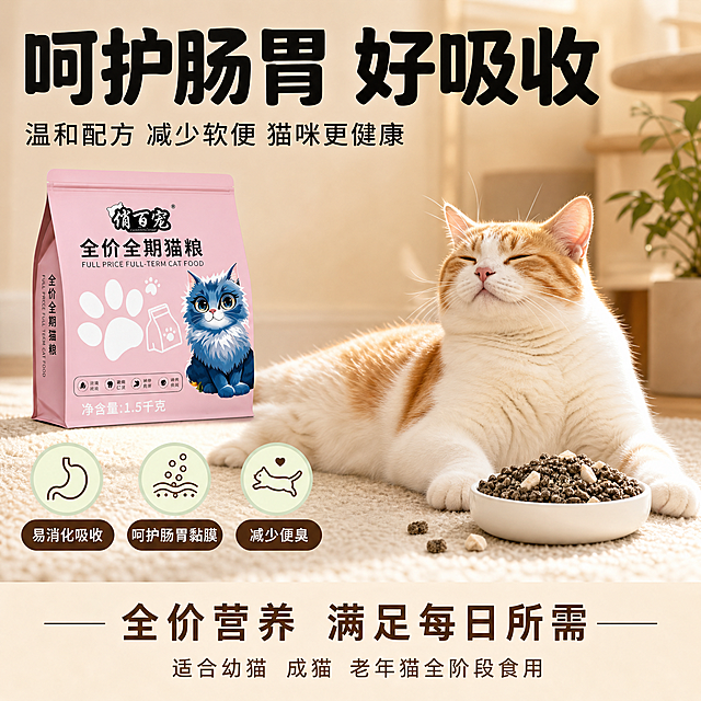 [主图-4] 俏佰宠鸡肉绒包裹猫粮肠胃友好轮播图，消化吸收+猫咪健康状态展示型主图。

[氛围风格] 温馨治愈暖米色调，宠物健康生活感，柔和亲切。

[画质] 商业摄影质感、光线柔和通透、猫咪毛发清晰、画面干净高级。

[元素] 画面右侧一只健康圆润的橘白相间猫咪，侧躺在浅米色地毯上，肚子微微鼓起，表情满足慵懒，毛发蓬松有光泽。猫咪前爪旁放一小碗深褐色带鸡肉绒纤维的猫粮颗粒（与图1外观完全一致），碗边散落2-3颗颗粒和一小块冻干。左侧放俏佰宠粉色猫粮包装袋（与首图同款），包装袋前有三个浅绿色圆形小图标（仅作辅助色点缀，面积不超过15%），分别代表肠胃、吸收、活力。背景为温馨的客厅角落，浅米色墙面，右下角有一小盆绿植点缀，整体柔和虚化。商品主体（包装袋+猫粮碗）占画面约45%，猫咪为情绪焦点。

[光影] 午后窗边暖金色柔光，主光从右侧斜射，猫咪毛发有柔和高光，绒感清晰，猫粮颗粒表面绒霜质感真实，投影柔和，整体温暖治愈，明暗层次自然。

[配色] 主色暖米色（墙面/地毯）；辅助色粉色（包装袋）、深棕色（标题/标签）；强调色浅绿色（肠胃健康图标，仅小面积点缀<15%）；整体与首图暖色调统一，绿色只作健康语义辅助，不做主色。

[视角构图] 平视角度，猫咪在右侧占据情绪焦点，左侧包装袋+信息区形成左右平衡；景深中等，背景客厅虚化，突出猫咪和产品。

[文字版式] 左上方大标题"呵护肠胃 好吸收"黑色粗体圆润字体；副标题"温和配方 减少软便 猫咪更健康"中号黑色，位于主标题下方。左侧包装袋下方竖排三个深棕色圆角白字小标签："易消化吸收""呵护肠胃黏膜""减少便臭"。底部浅米色通栏，中间"全价营养 满足每日所需"深棕色字；通栏下方小字"适合幼猫 成猫 老年猫全阶段食用"。所有文字清晰可读，不遮挡猫咪脸部和产品主体。

[输出要求] 1:1比例，2048x2048，2K分辨率，文字清晰锐利，超高清商业摄影质感。

[负向提示词] 猫咪畸形、面部扭曲，猫粮颗粒变形色差，文字错乱模糊，水印，电商平台Logo，背景杂乱，医疗风、蓝色科技风背景。