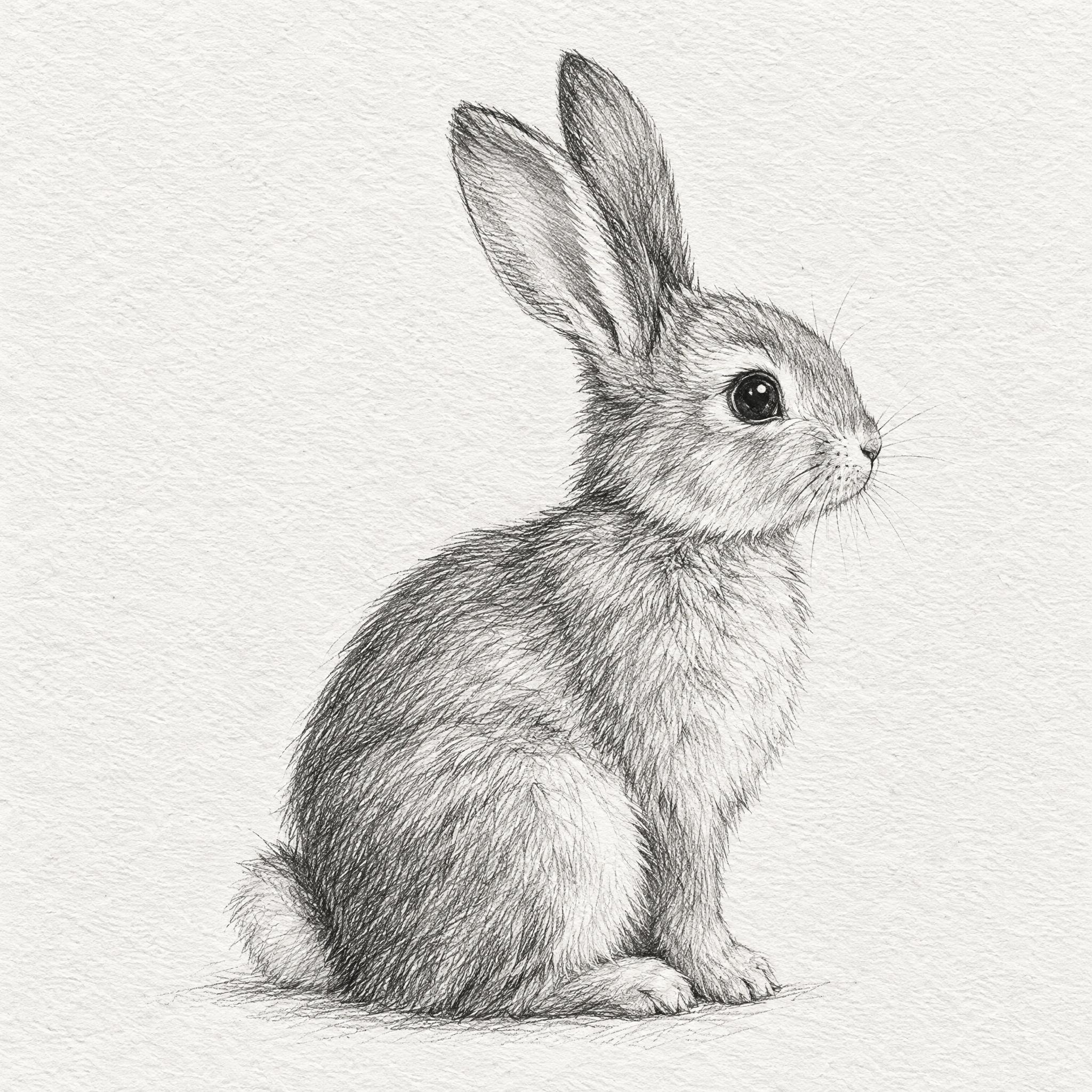一张黑白的兔子铅笔素描画，侧面坐姿的可爱兔子，长长的耳朵微微竖… - 图片创意预览