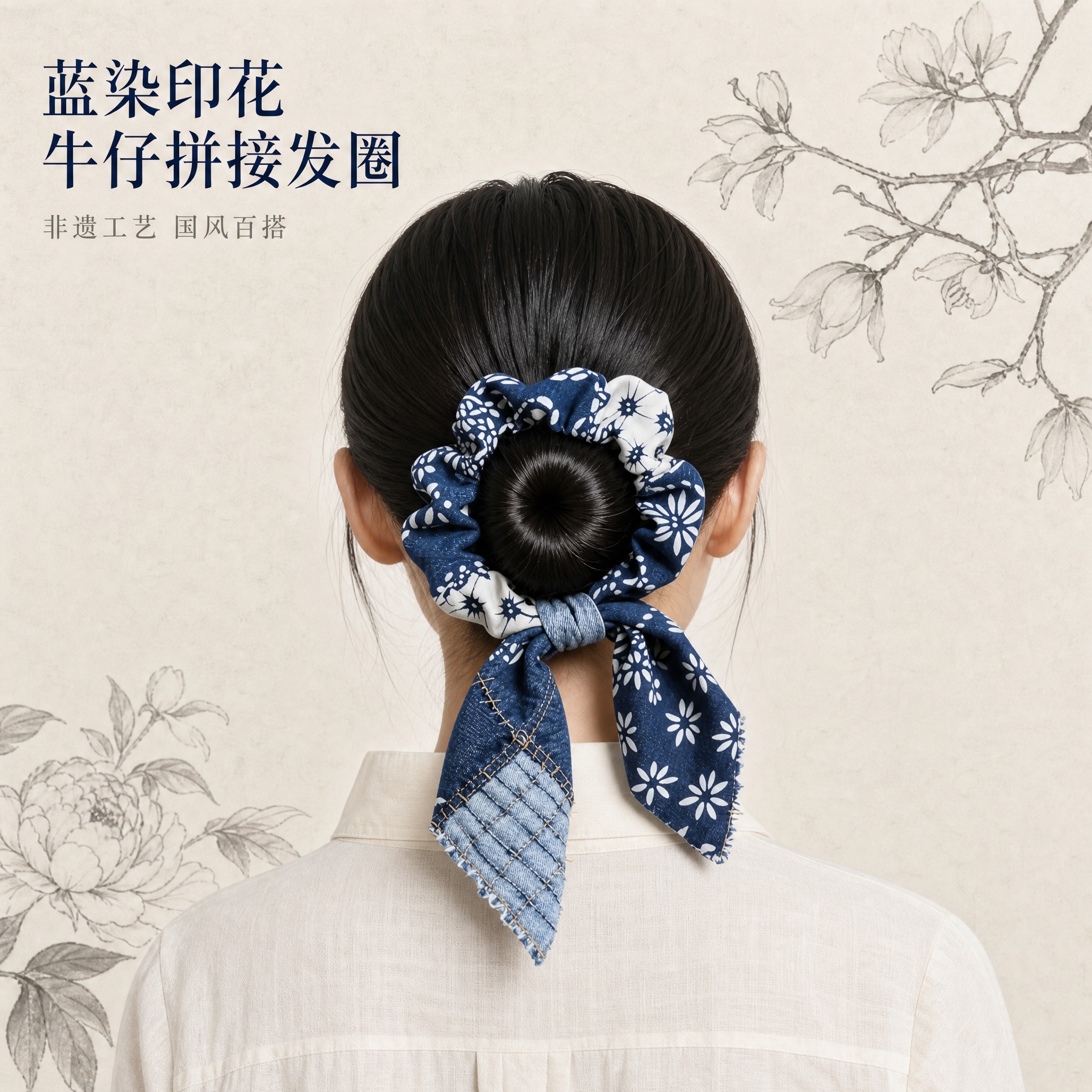 [主图-1] 蓝印花布拼接牛仔蝴蝶结大肠发圈 正面佩戴展示 突… - 图片创意预览