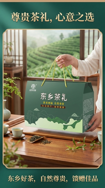 制作竖版电商商品详情图，展示东乡茶礼礼盒作为礼品的送礼场景，突出包装大气、自然尊贵、特产好茶的产品定位，整体清新雅致适合推广预览效果