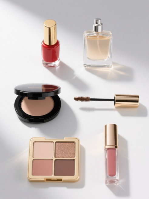 一张高质量化妆品系列海报，保持超写实3D渲染风格，纯色白色背景，柔和顶部光源产生细腻高光与渐变阴影，6个完全不同的化妆品元素规整排布成2行3列。每个元素都具有金属与塑料的细腻质感，高光泽度表面，精确的形态结构和清晰的材质区分：左上角为金色瓶盖的红色指甲油，右上角是带银色喷头的透明香水瓶，中间左侧为黑色外壳的粉饼盒，中间右侧是带刷头的棕色睫毛膏，左下角为金色边框的四色眼影盘，右下角是透明瓶身的玫……预览效果