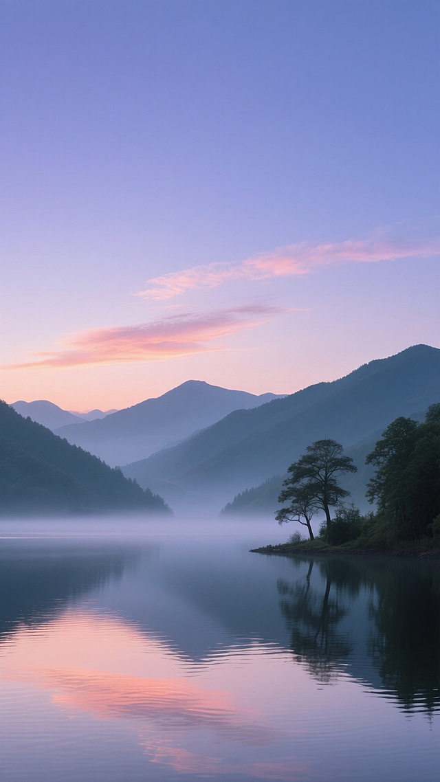 黎明时分静谧的山水风景，渐变的蓝紫色天空中点缀着一抹粉橙色云霞，远处层叠的山峦笼罩在薄雾中呈现出深浅不一的青灰色剪影，近处平静的湖面如镜般倒映着天空的色彩与山影，湖岸一侧生长着几棵形态自然的树木，整体色调清新淡雅，光影柔和，营造出宁静悠远的氛围，水面波光粼粼，细节丰富，具有高度写实的摄影质感和清晰的景深层次。